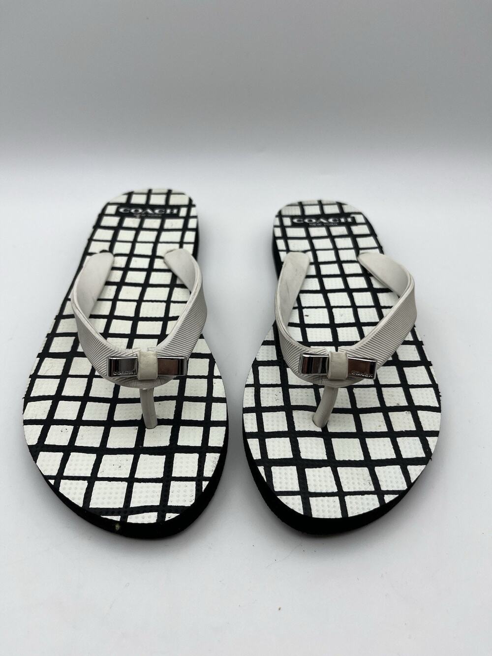 Coach Amel Grid Print Flip Flops White Black Bow Thong Sandals Women’s Size 6B